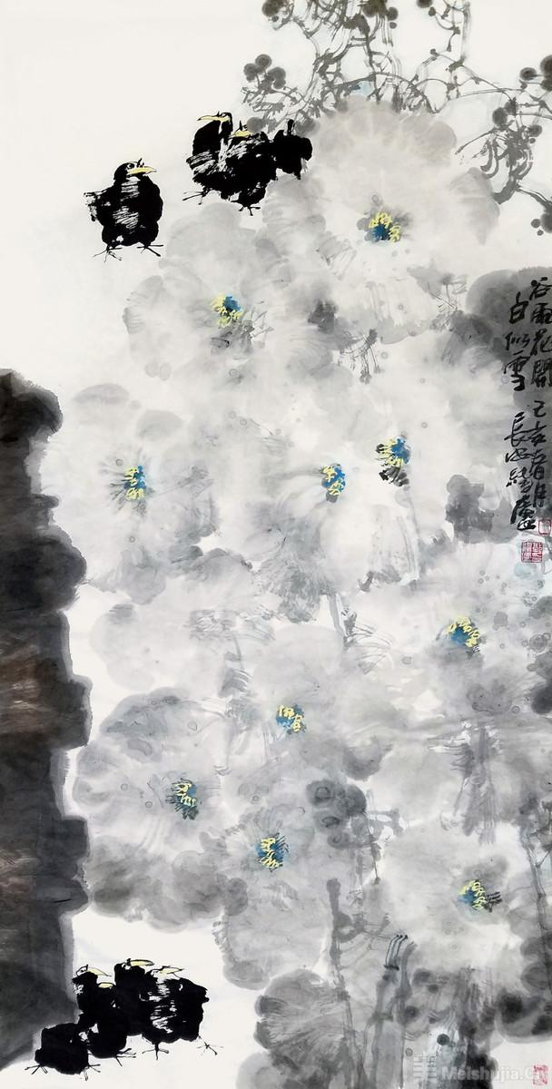 (6/21)郭线庐 谷雨花开白似雪 140cm×70cm 纸本水墨 2019年